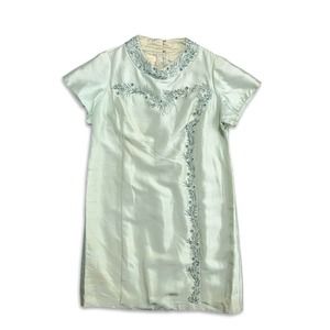 VINTAGE 50S GREEN BEADED FLORAL CREPE CHEONGSAM QIPAO DRESS L/XL